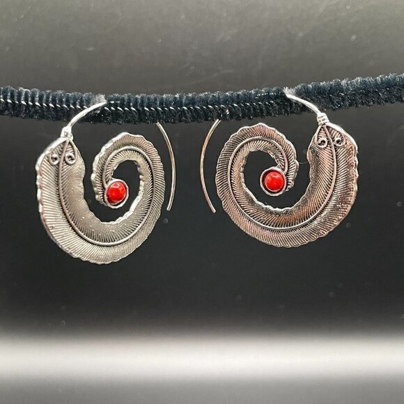 Large Silver Feather Spiral Earrings in Red or Turquoise Blue #630 - Picture 8 of 11